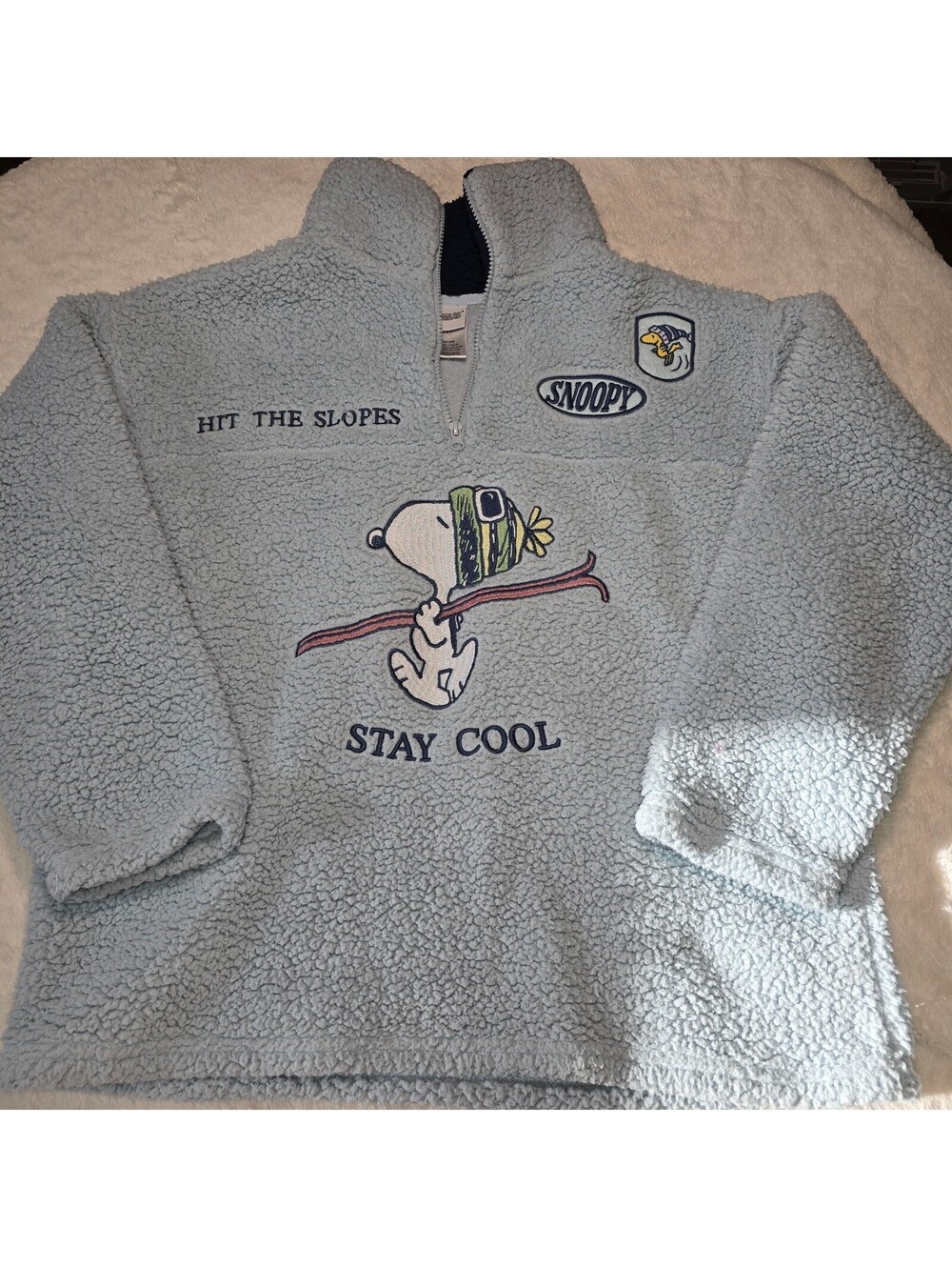 Peanuts Snoopy Hit The Slopes Sherpa Fleece Quarter Zip Pullover Light Blue XL